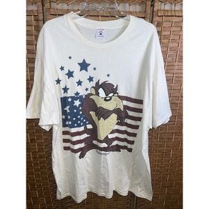 Vintage 1996 Warner Bros Taz American Flag T-Shirt Size 2XL Cream Looney Tunes